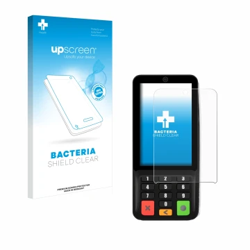 Parte frontal de un envase de producto con el logotipo de la marca upscreen. Al lado se muestra el dispositivo Pax A35 con su 
