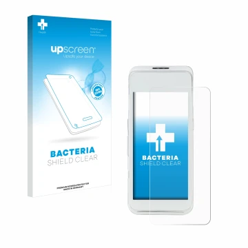 Parte frontal de un envase de producto con el logotipo de la marca upscreen. Al lado se muestra el dispositivo Pax A920 Pro co