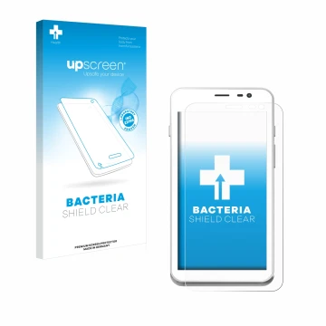 Parte frontal de un envase de producto con el logotipo de la marca upscreen. Al lado se muestra el dispositivo Pax A77 con su 