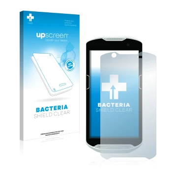 Parte frontal de un envase de producto con el logotipo de la marca upscreen. Al lado se muestra el dispositivo Zebra TC52 con 