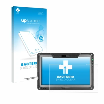 Parte frontal de un envase de producto con el logotipo de la marca upscreen. Al lado se muestra el dispositivo Getac F110 G6 c