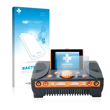 Parte frontal de un envase de producto con el logotipo de la marca upscreen. Al lado se muestra el dispositivo Junsi iCharger 