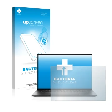 Parte frontal de un envase de producto con el logotipo de la marca upscreen. Al lado se muestra el dispositivo Dell XPS 15 952
