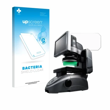 Parte frontal de un envase de producto con el logotipo de la marca upscreen. Al lado se muestra el dispositivo Keyence IM-6125