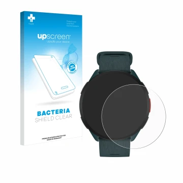 Parte frontal de un envase de producto con el logotipo de la marca upscreen. Al lado se muestra el dispositivo Polar Pacer con