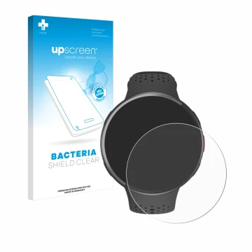Parte frontal de un envase de producto con el logotipo de la marca upscreen. Al lado se muestra el dispositivo Polar Pacer Pro