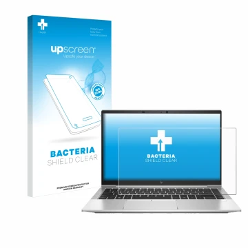 Parte frontal de un envase de producto con el logotipo de la marca upscreen. Al lado se muestra el dispositivo HP EliteBook 84
