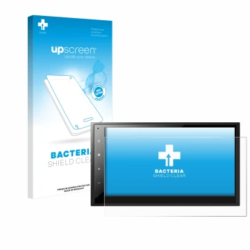 Parte frontal de un envase de producto con el logotipo de la marca upscreen. Al lado se muestra el dispositivo Pioneer DMH-A34