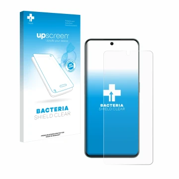 Parte frontal de un envase de producto con el logotipo de la marca upscreen. Al lado se muestra el dispositivo OnePlus 10R con