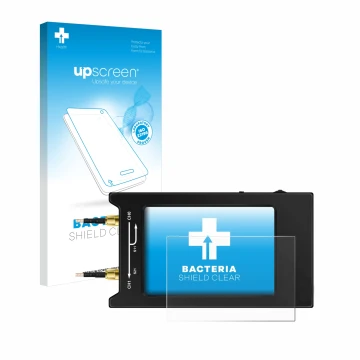 Parte frontal de un envase de producto con el logotipo de la marca upscreen. Al lado se muestra el dispositivo NanoVNA H4 con 