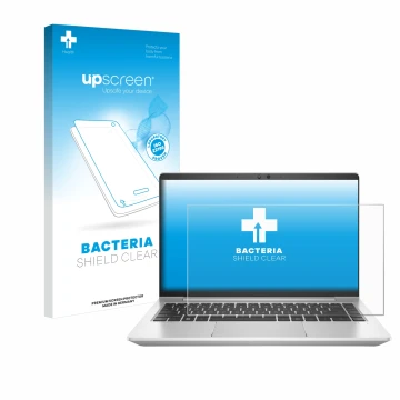 Parte frontal de un envase de producto con el logotipo de la marca upscreen. Al lado se muestra el dispositivo HP EliteBook 64