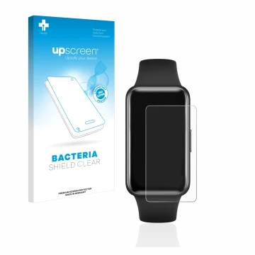 Parte frontal de un envase de producto con el logotipo de la marca upscreen. Al lado se muestra el dispositivo Huawei Band 7 c