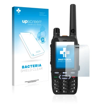 Parte frontal de un envase de producto con el logotipo de la marca upscreen. Al lado se muestra el dispositivo Motorola MXP600