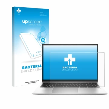 Parte frontal de un envase de producto con el logotipo de la marca upscreen. Al lado se muestra el dispositivo HP EliteBook 84