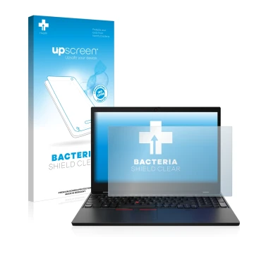 Parte frontal de un envase de producto con el logotipo de la marca upscreen. Al lado se muestra el dispositivo Lenovo ThinkPad