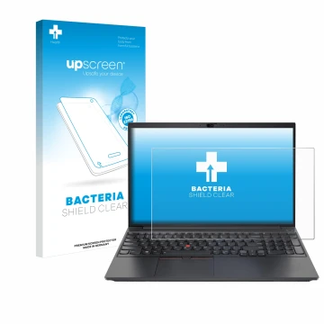 Parte frontal de un envase de producto con el logotipo de la marca upscreen. Al lado se muestra el dispositivo Lenovo ThinkPad