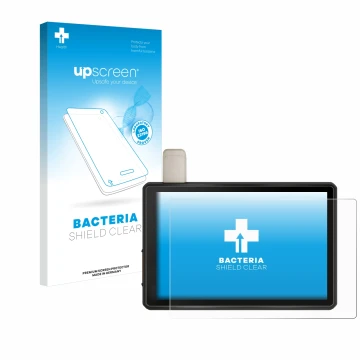 Parte frontal de un envase de producto con el logotipo de la marca upscreen. Al lado se muestra el dispositivo Garmin Tread Ov