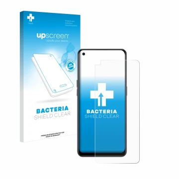 Parte frontal de un envase de producto con el logotipo de la marca upscreen. Al lado se muestra el dispositivo Oppo Reno 8 Lit