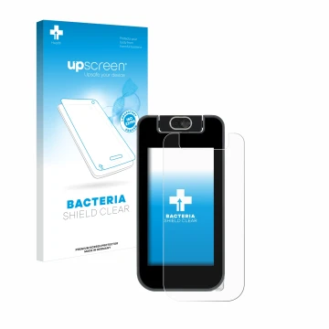 Parte frontal de un envase de producto con el logotipo de la marca upscreen. Al lado se muestra el dispositivo Vtech KidiBuzz 