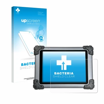 Parte frontal de un envase de producto con el logotipo de la marca upscreen. Al lado se muestra el dispositivo Autel MaxiSys M