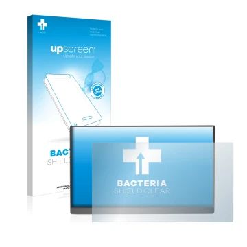 Parte frontal de un envase de producto con el logotipo de la marca upscreen. Al lado se muestra el dispositivo Arzopa 15.6