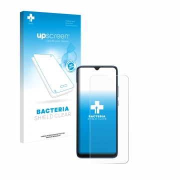 Parte frontal de un envase de producto con el logotipo de la marca upscreen. Al lado se muestra el dispositivo Xiaomi Redmi 10