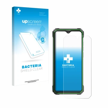 Parte frontal de un envase de producto con el logotipo de la marca upscreen. Al lado se muestra el dispositivo Blackview BL880