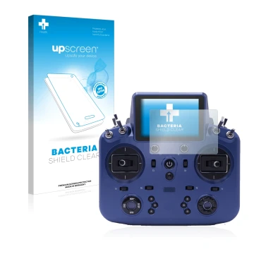 Parte frontal de un envase de producto con el logotipo de la marca upscreen. Al lado se muestra el dispositivo FrSky Tandem X1