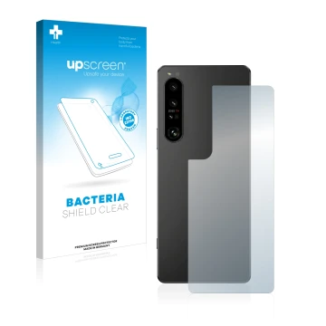 Parte frontal de un envase de producto con el logotipo de la marca upscreen. Al lado se muestra el dispositivo Sony Xperia 1 I