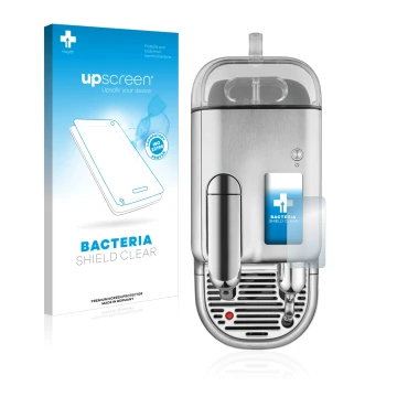 Parte frontal de un envase de producto con el logotipo de la marca upscreen. Al lado se muestra el dispositivo Sage Nespresso 