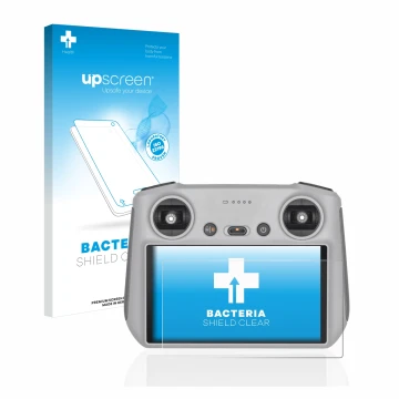 Parte frontal de un envase de producto con el logotipo de la marca upscreen. Al lado se muestra el dispositivo DJI RC Controll