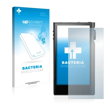 Parte frontal de un envase de producto con el logotipo de la marca upscreen. Al lado se muestra el dispositivo Astell&Kern Kan