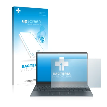 Parte frontal de un envase de producto con el logotipo de la marca upscreen. Al lado se muestra el dispositivo ASUS ZenBook 13