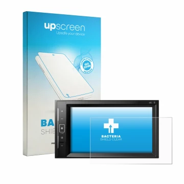 Parte frontal de un envase de producto con el logotipo de la marca upscreen. Al lado se muestra el dispositivo Pioneer AVH-A24