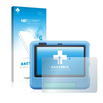 Parte frontal de un envase de producto con el logotipo de la marca upscreen. Al lado se muestra el dispositivo Amazon Fire 7 K