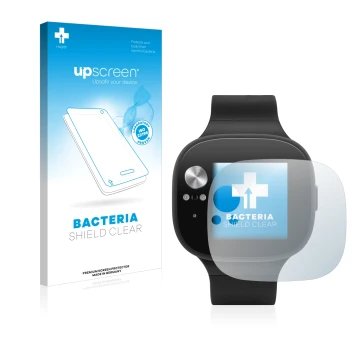 Parte frontal de un envase de producto con el logotipo de la marca upscreen. Al lado se muestra el dispositivo ASUS Vivowatch 