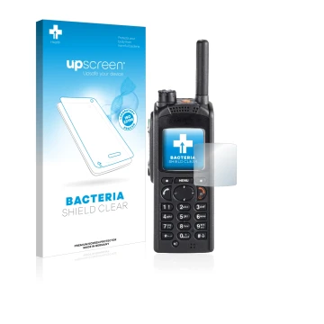 Parte frontal de un envase de producto con el logotipo de la marca upscreen. Al lado se muestra el dispositivo Motorola MTP850