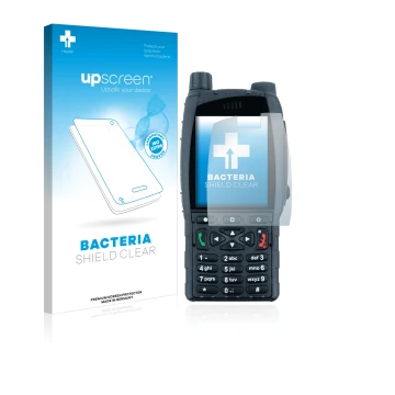 Parte frontal de un envase de producto con el logotipo de la marca upscreen. Al lado se muestra el dispositivo Sepura SC21 con