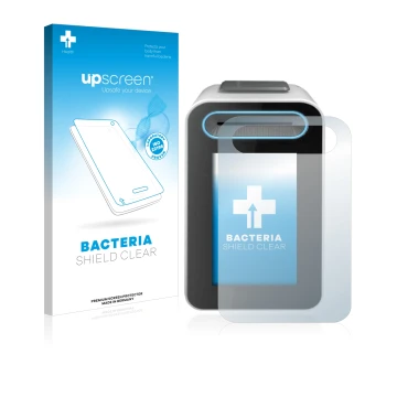 Parte frontal de un envase de producto con el logotipo de la marca upscreen. Al lado se muestra el dispositivo Cherry eHealth 