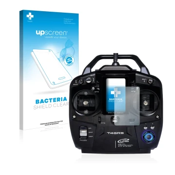 Parte frontal de un envase de producto con el logotipo de la marca upscreen. Al lado se muestra el dispositivo Futaba T4GRS co