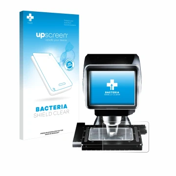 Parte frontal de un envase de producto con el logotipo de la marca upscreen. Al lado se muestra el dispositivo Keyence LM-1100