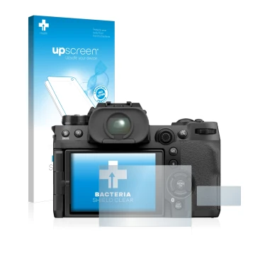 Parte frontal de un envase de producto con el logotipo de la marca upscreen. Al lado se muestra el dispositivo Fujifilm X-H2S 