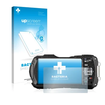 Parte frontal de un envase de producto con el logotipo de la marca upscreen. Al lado se muestra el dispositivo Ricoh WG-80 con