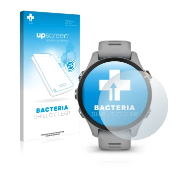 Parte frontal de un envase de producto con el logotipo de la marca upscreen. Al lado se muestra el dispositivo Garmin Forerunn