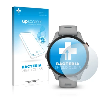 Parte frontal de un envase de producto con el logotipo de la marca upscreen. Al lado se muestra el dispositivo Garmin Forerunn