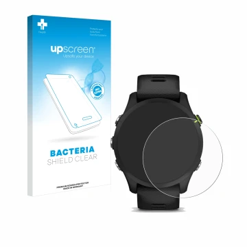 Parte frontal de un envase de producto con el logotipo de la marca upscreen. Al lado se muestra el dispositivo Garmin Forerunn