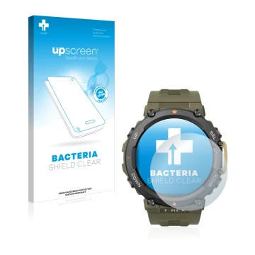 Parte frontal de un envase de producto con el logotipo de la marca upscreen. Al lado se muestra el dispositivo Huami Amazfit T