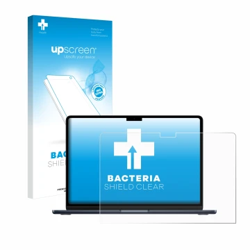 Parte frontal de un envase de producto con el logotipo de la marca upscreen. Al lado se muestra el dispositivo Apple MacBook A