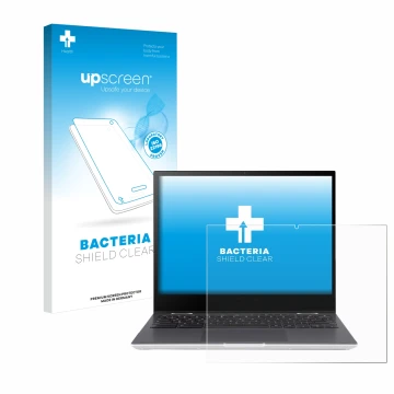 Parte frontal de un envase de producto con el logotipo de la marca upscreen. Al lado se muestra el dispositivo ASUS Chromebook
