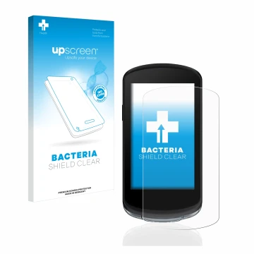 Parte frontal de un envase de producto con el logotipo de la marca upscreen. Al lado se muestra el dispositivo Garmin Edge 104